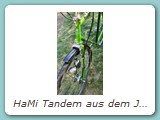 HaMi Tandem aus dem Jahr 1979 mit 029 Ausfallenden
Das Tadem ist das, das im Prospekt von 1980 (mit den Schotten) abgebildet ist. Im Laufe der Zeit wurde es zum Touren-Tandem mit flachen Lenkern und 4 Bremsen umgebaut.
Eigentümer: Johannes Mittendorf, Uetersen