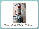 Mittendorf 0129, Rahmen aus Mitte der 1980er Jahre
Ausstattung: Shimano 600 TriColor, 3ttt Lenker, Vorbau und Sattelstütze, Selle Italia Turbo Matic Sattel
Eigentümer: Johannes Mittendorf, Uetersen 