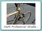 HaMi Professinal Straßenrennrad aus dem Jahr 1978.
Rahmen galvanisch vergoldet, Ausstattung Shimano Dura Ace schwarz
Dieser Rad wurde auf der IFMA 1978 präsentiert.
Eigentümer: Reiner F. Balke, Berlin (Erstbesitzer)